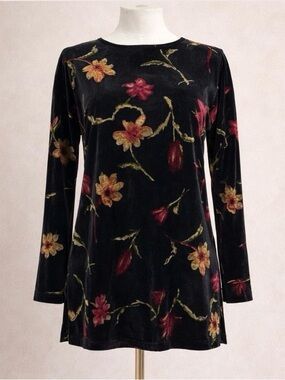 Vintage 90s Dark Floral Velvet Tunic Top M Whimsigoth Witchy Romantic Grunge